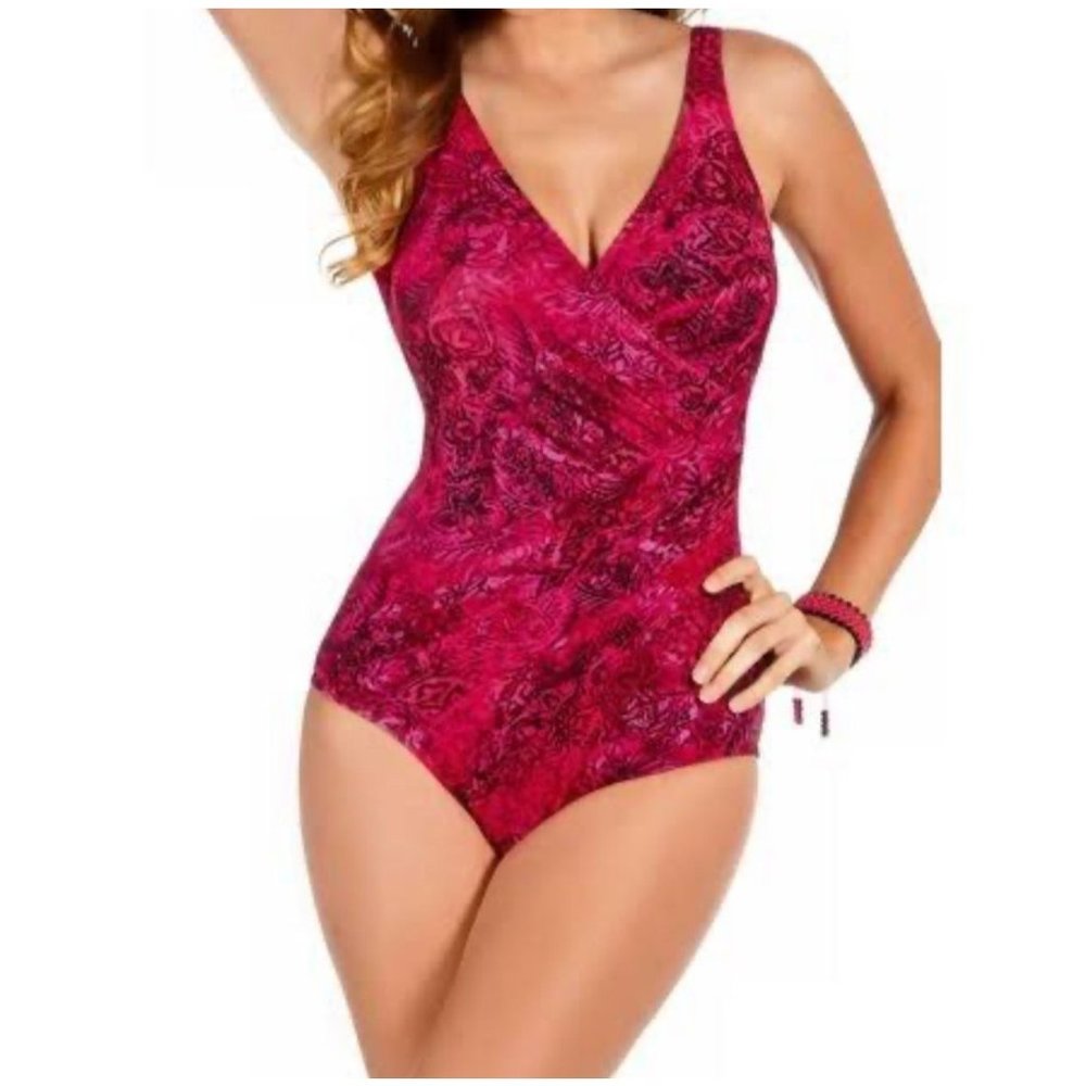 Miraclesuit Oceanus One Piece Swimsuit In Red Floral Print Sz XS